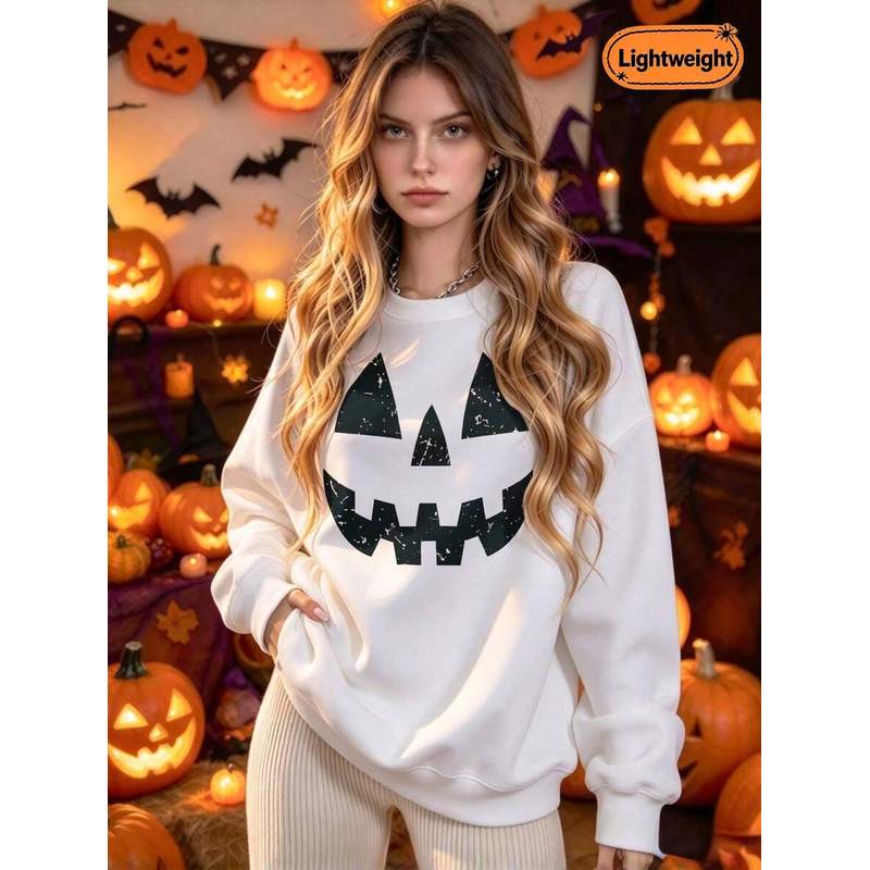Pumpkin Lantern Halloween - Women’s Plus-Size Halloween Pumpkin-Face Crewneck Sweatshirt