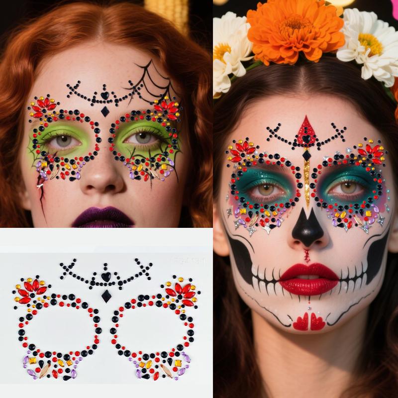 Halloween Skeleton Decoration - Skull Flower Face Jewel Stickers Sparkly