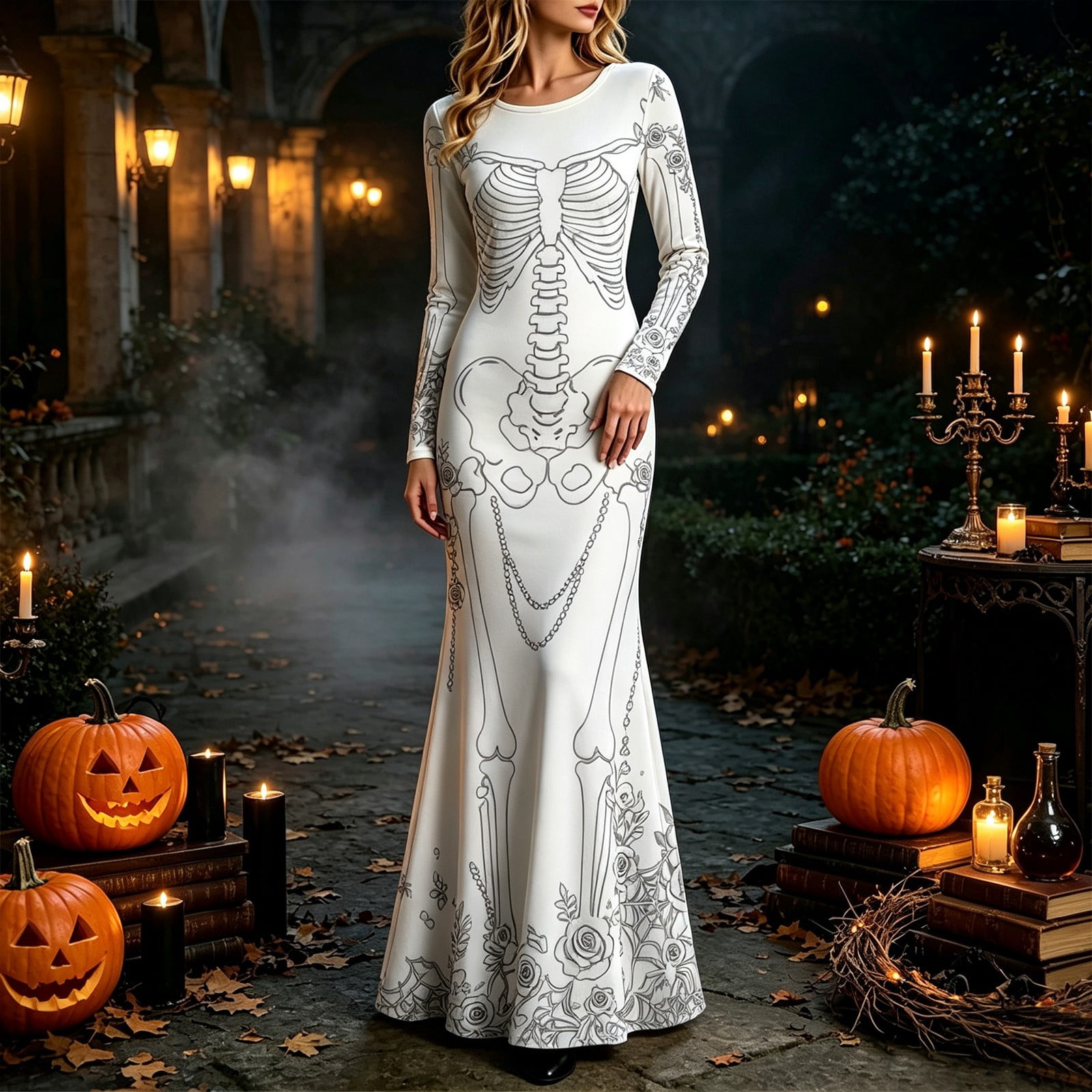 Women Skeleton Rose Print Maxi - Halloween Skeleton Decoration review and price