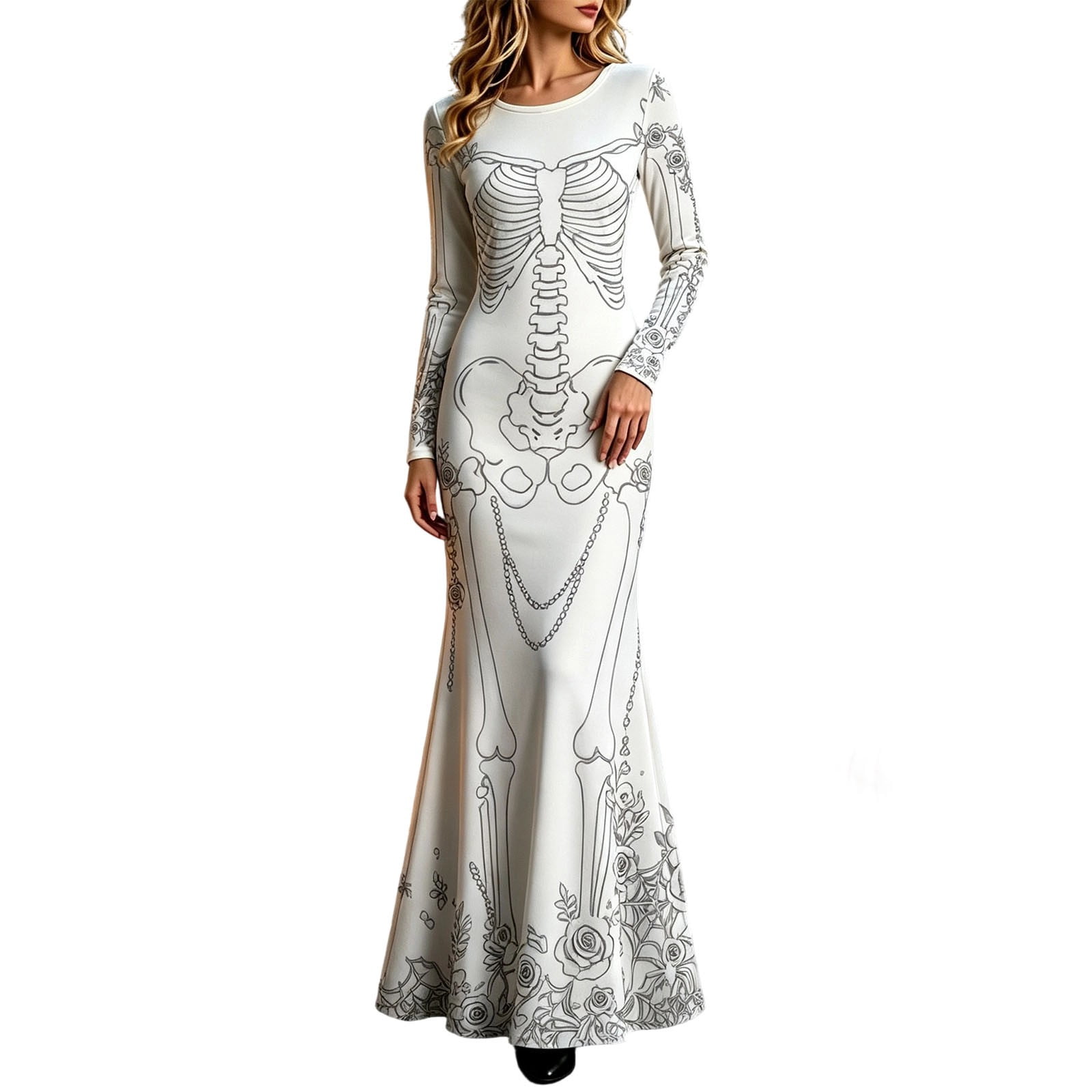 Women Skeleton Rose Print Maxi - Halloween Skeleton Decoration review and price